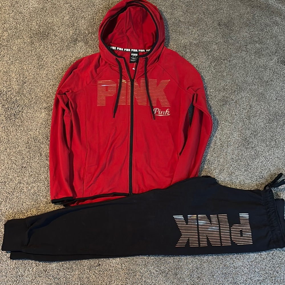 Victoria's Secret PINK Red Hoodie and Black Joggers Set